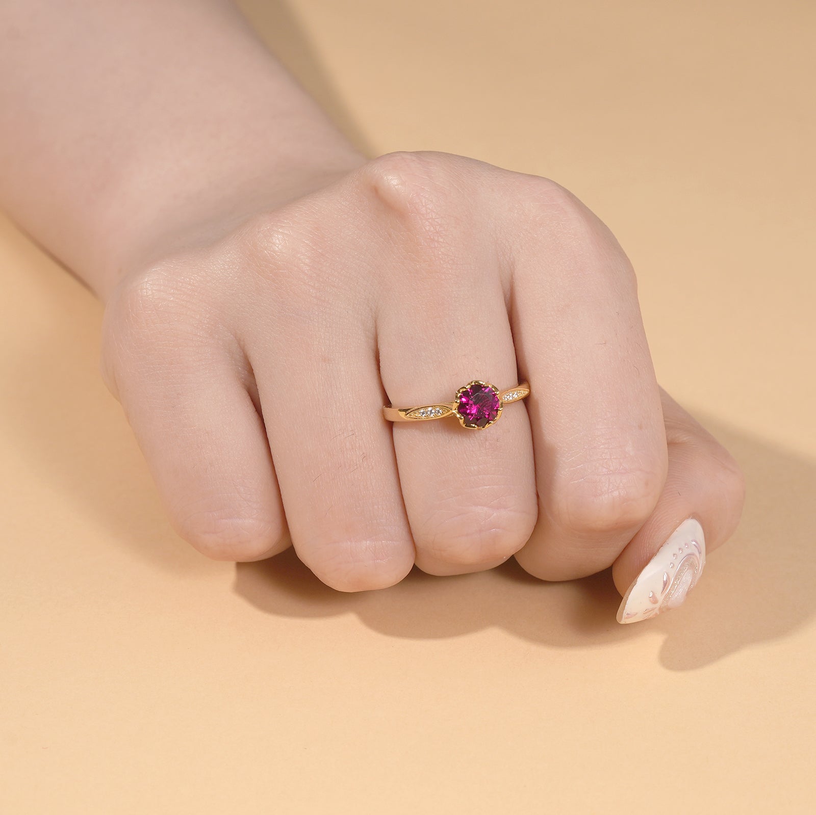 pān Petal-Set Ring — Magenta Stone in Gold-Plated Sterling Silver